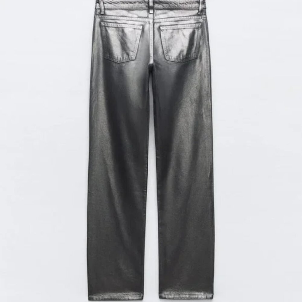 NWT ZARA MID WAIST STRAIGHT LEG FOIL JEANS BLACK - Picture 5 of 6